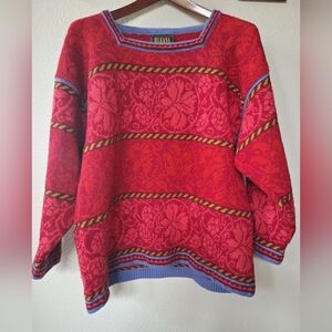 Oleana The Norwegian Story Wool Sweater Red Floral Womens L/XL